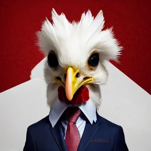 Image similar to a high quality photo of a chicken wearing a suit, 8k, Greg Rutkowsky