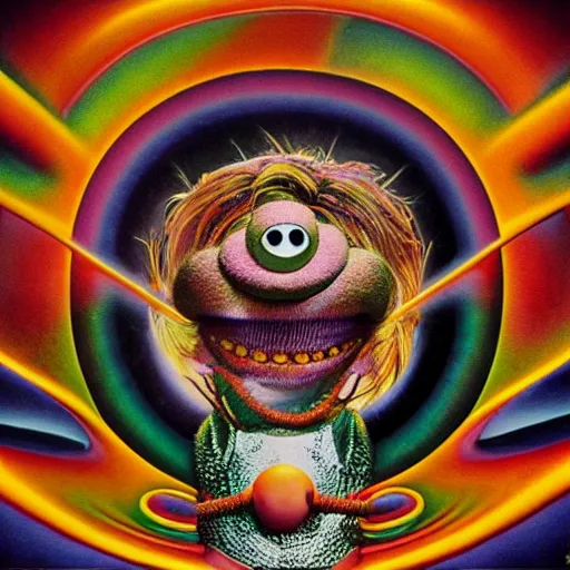 Image similar to animal the muppet on tool album cover, 8 k resolution hyperdetailed scary dystopian surrealism style of alex grey