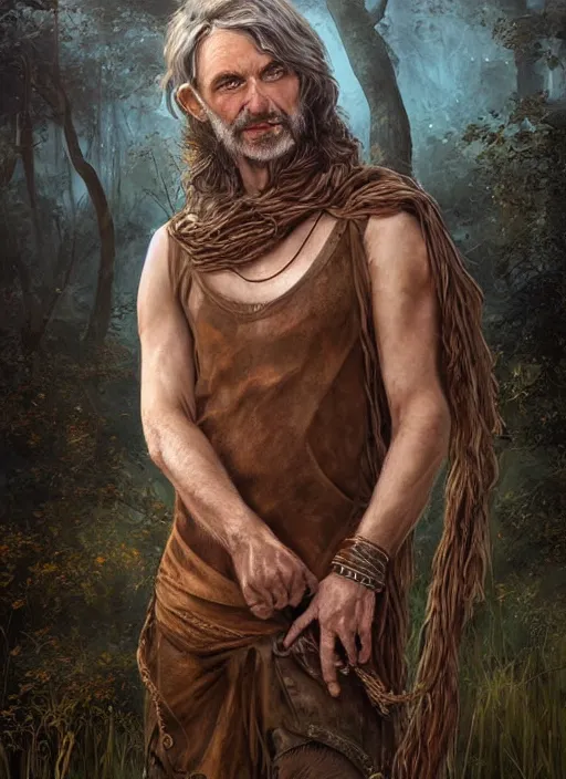 Image similar to a relaxed male middle aged druid in a sleeveless west, short brown hair, stringy, full body, 8 k, hyperrealistic, hyperdetailed, fantasy portrait by laura sava