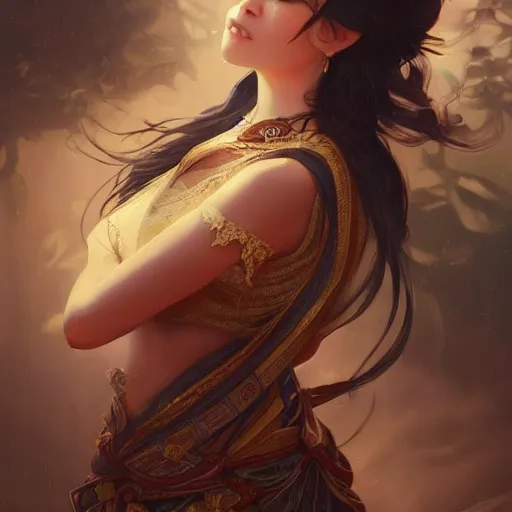 Prompt: full body portrait of asian beautiful girl, d & d, fantasy, intricate, elegant, highly detailed, digital painting, artstation, concept art, smooth, sharp focus, illustration, cinematic dramatic atmosphere, volumetric lighting, smooth, highly detailed, art by artgerm and greg rutkowski and alphonse mucha