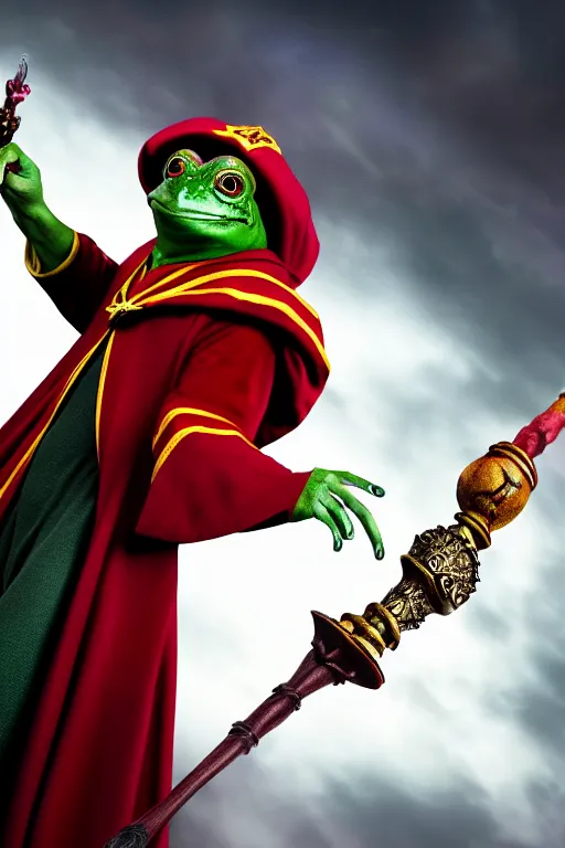 Image similar to harry potter frog mage in a gryffindor form, magic wand, in hogwarts, high details, best composition, dramatic pose, 4 k