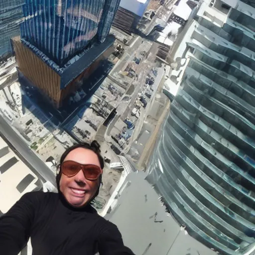 Prompt: a selfie taken while falling off a skyscraper