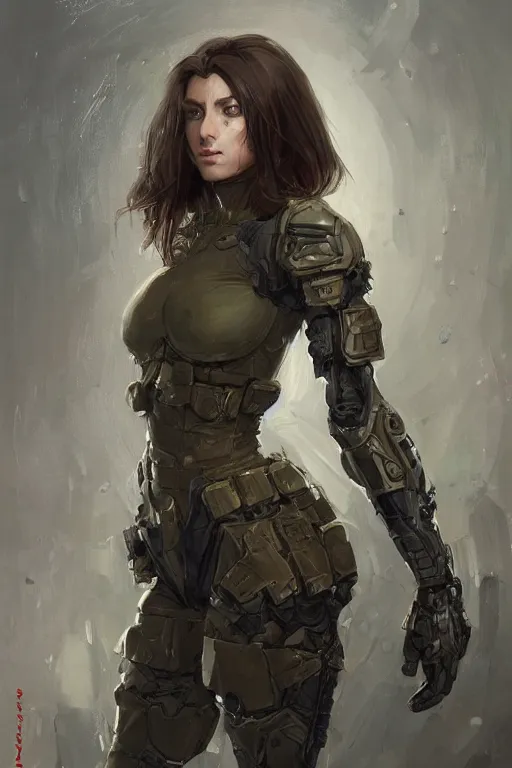 Image similar to a professionally painted portrait of an attractive young woman, clothed in military armor, olive skin, long dark hair, beautiful bone structure, symmetrical facial features, intricate, elegant, digital painting, trending on Artstation, concept art, smooth, sharp focus, illustration, from Metal Gear by Ruan Jia and Mandy Jurgens and Artgerm and William-Adolphe Bouguerea, award winning