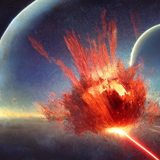 Prompt: photo of an alien world exploding, there is a ship that just barely escapes, hyperrealism