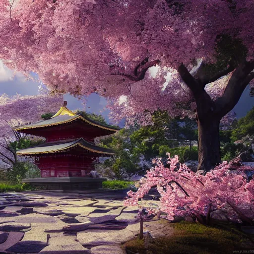 Image similar to Temple under Sakura Trees, photorealistic, hyper detailed, 8k, beautiful artwork, fantastic landscape, magical fairy landscape, volumetric lighting, octane render