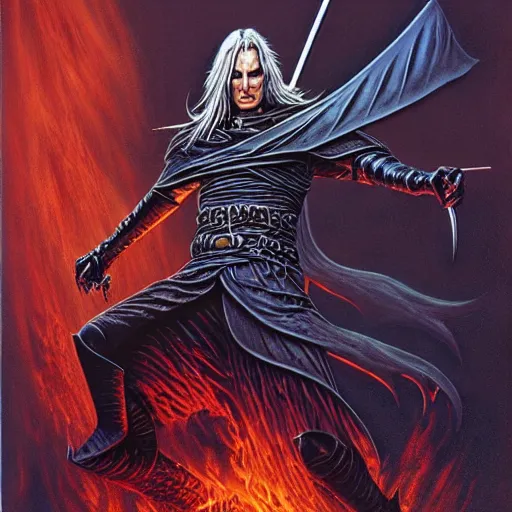 Prompt: elric of melnibone, artwork by michael whelan