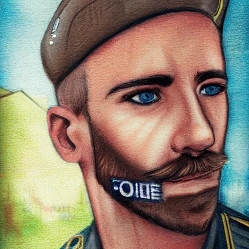 Prompt: portrait of a blonde police officer with short hair and a patchy beard, close up, grimy streets backdrop, detailed, art by loran desore