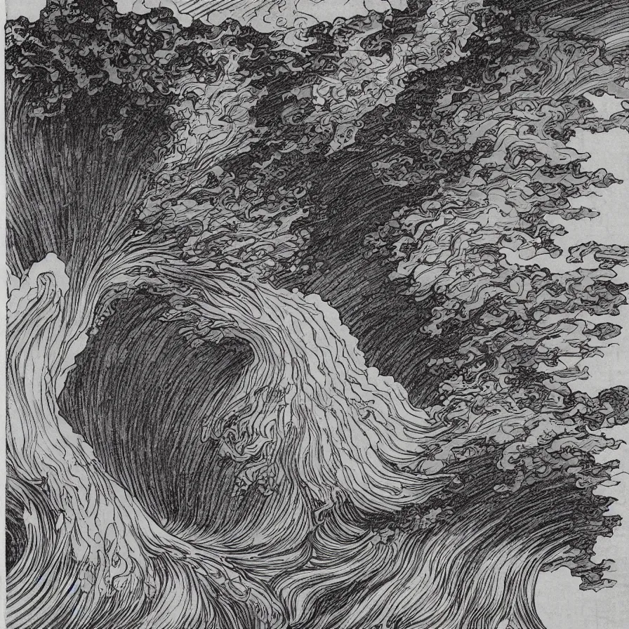 Image similar to japanese black and white lineart of an erupting volcano, hokusai style