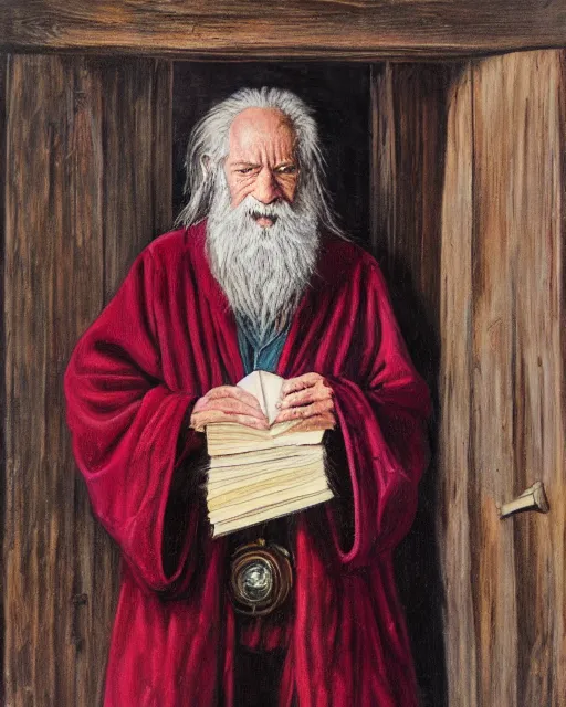 Prompt: Clyde Caldwell portrait painting of a old rugged actor wizard wearing a wizard hat and robe from the hobbit holding a book and standing in front of an ancient wooden door