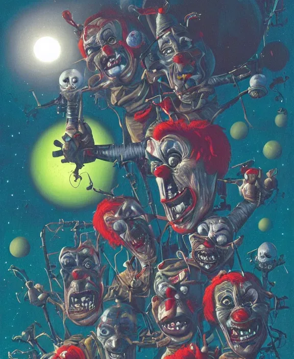 Prompt: illustration of Killer Klowns from Outer Space, Les Edwards poster art, detailed