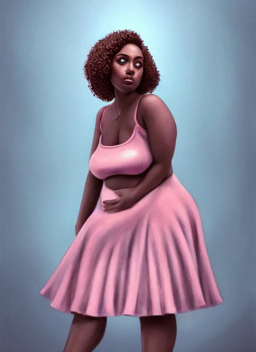 Image similar to full body portrait, teenage vanessa morgan, pink hair, brown skin, obese, curly pixie hair, sultry, realistic, short hair, hoop earrings, skirt, shirt, fat, belly, intricate, elegant, highly detailed, digital painting, artstation, concept art, smooth, sharp focus, illustration, art by wlop, mars ravelo and greg rutkowski