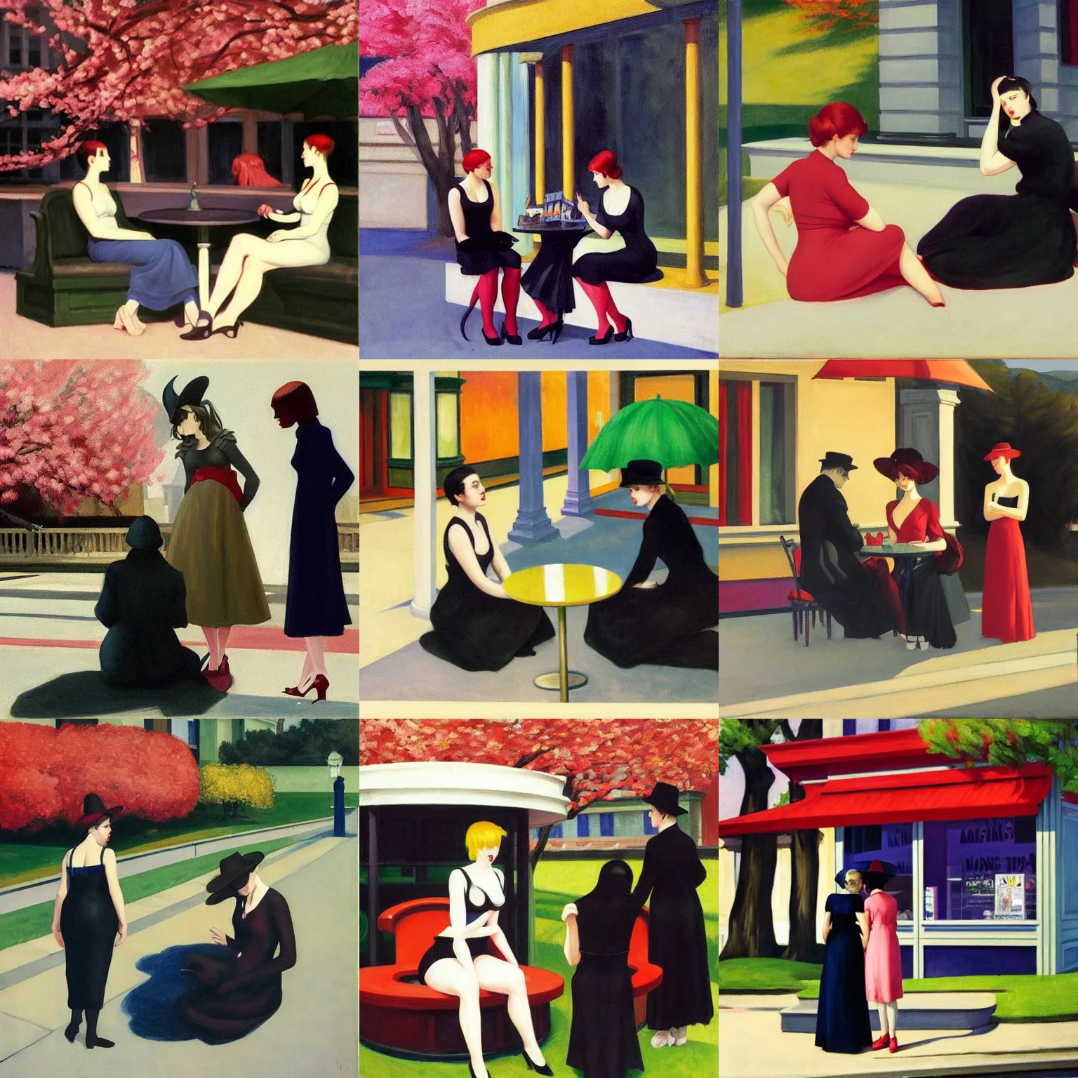 Prompt: art by edward hopper. three goths loitering in the shade, talking beneath a cherry blossom outside a blockbuster video store.