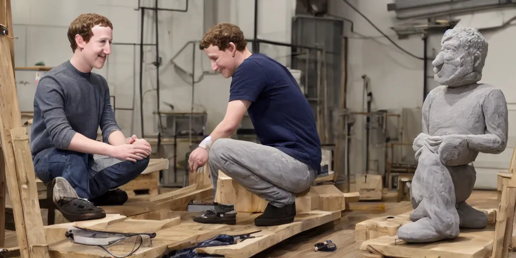 Prompt: mark zuckerberg sitting on top of a ladder making a stop motion animation, giant clay sculptures, photorealistic