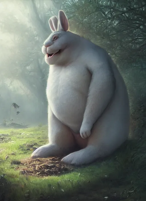 Prompt: hyper realistic, a cute adorable happy masculine big chungus anthropomorphic, inside a dreamscape, extremely large eyes, background painted by greg rutkowski, artgerm, soft lighting, analogous colors,