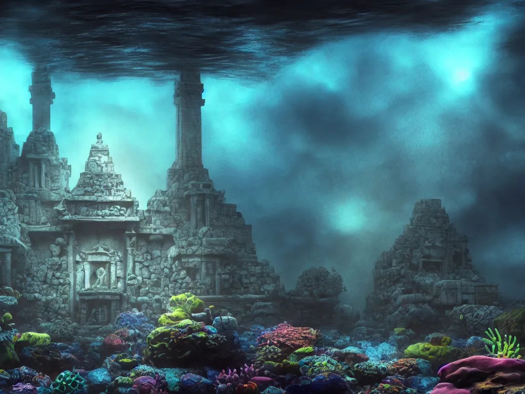 Image similar to full color, wide shot, submerged pre - incan temple, dark, underwater, symmetrical, bubbles, abyss, grenada underwater sculpture park, anime style mixed with fujifilm, detailed gouache paintings, stylized, dark, murky, foggy, atmospheric, artstation, cgsociety, octane render, cgi, unreal engine 5, denoise, cinematic masterpiece