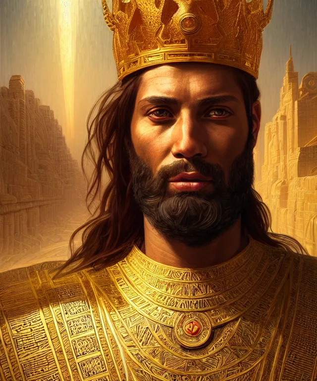 Prompt: portrait of biblical king of babylon nebuchadnezzar ii, intricate, headshot, highly detailed, digital painting, artstation, concept art, sharp focus, cinematic lighting, illustration, art by artgerm and greg rutkowski, alphonse mucha, cgsociety