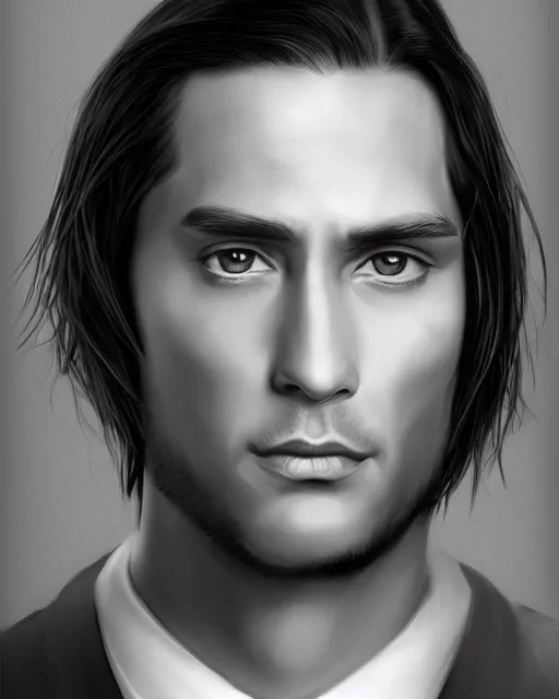 Prompt: portrait of tall, 3 3 - year - old handsome man with long dirty black hair, and grey eyes, wearing black clothes, smooth clear face, no beard, hyper realistic face, aristocratic appearance, beautiful eyes, character art, art by mark brooks, hyperdetailed, cryengine, trending on artstation, digital art