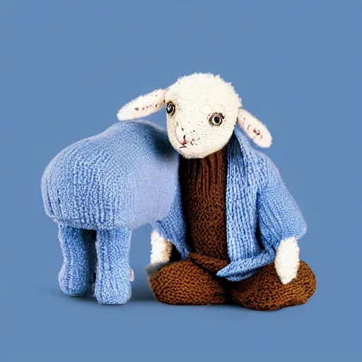Prompt: a lamb with a blue knitted sweater hugging his mom, in the style of Leo Lionni
