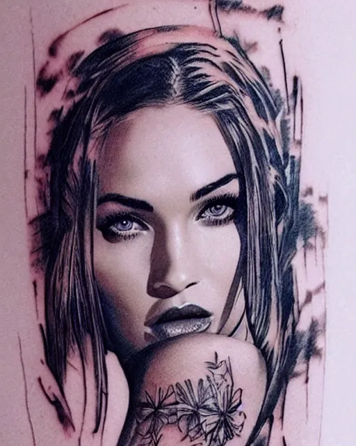 Image similar to creative double exposure effect tattoo design sketch of megan fox with beautiful mountains, realism tattoo, in the style of matteo pasqualin, amazing detail, sharp