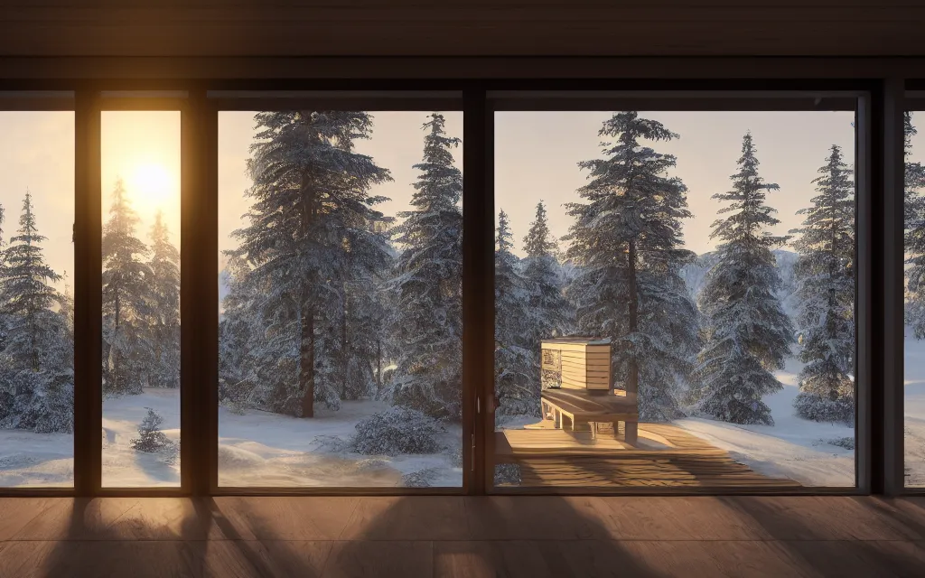 Image similar to finnish hotel architectural visualization, sauna, large windows, winter scene, cozy, corona render, rendered in vray, evening light, sunset, lakeside, depth of field, mountainous landscape, pine forest, evermotion, ronen bekerman, contest winner, archviz, peter guthrie, ultradetailed, photorealistic, photoreal, mir, bertrand benoit