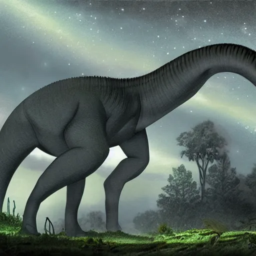 Prompt: dimetroton brontosaurus mix hybrid, paleoart by Julius T. Csotonyi, highly detailed, night, volumetric lighting