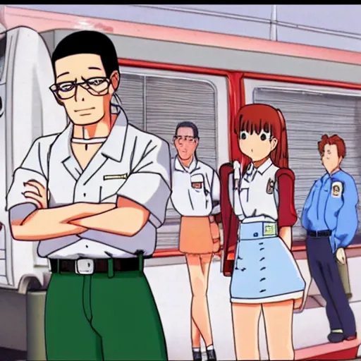 Image similar to hank hill from king of the hill as an school girl in an anime from 1997 selling propane, Impressive line work and attention to detail,