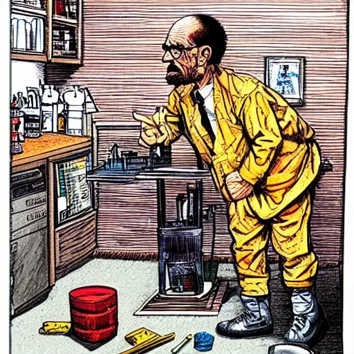 Image similar to The Artwork of R. Crumb and his Cheap Suit Breaking-Bad-Walter-White meth-lab prison, pencil and colored marker artwork, trailer-trash lifestyle