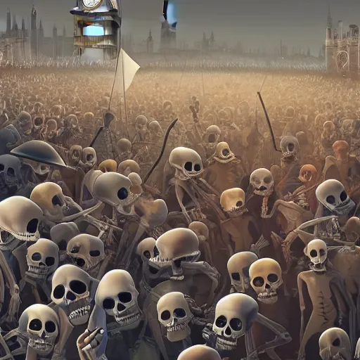 Image similar to a crowd of skeletons fight to have the last model of Iphone in London, 2d, ultra highly detailed, digital painting, smooth, sharp focus, artstation, pixiv, art by Ilya Kuvshinov