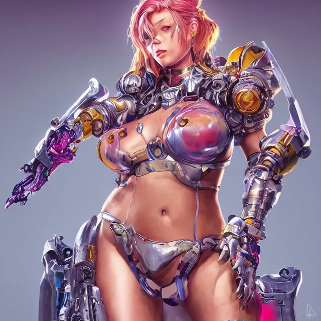 Image similar to studio portrait of lawful good colorful female holy mecha paladin absurdly beautiful, elegant, young curvy bikini model, ultrafine hyperrealistic detailed face illustration by kim jung gi, irakli nadar, intricate linework, sharp focus, bright colors, matte, octopath traveler, final fantasy, unreal engine highly rendered, global illumination, radiant light, intricate environment