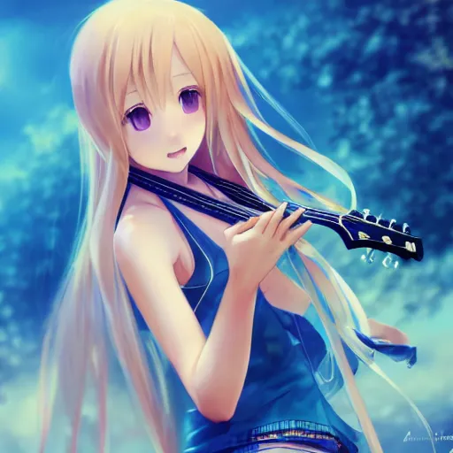 Image similar to a very beautiful little yuuki asuna playing guitar, full body, long wavy blond hair, sky blue eyes, full round face,, bikini, miniskirt, front view, mid - shot, highly detailed, cinematic wallpaper by stanley artgerm lau