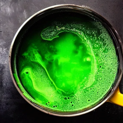 Image similar to brewing violent bubbling green fluid soup, green steam rising from soup