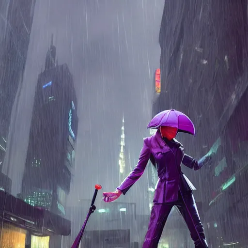 Prompt: a picture of a woman holding an umbrella in the rain, futuristic city, cyberpunk art by fyodor vasilyev, zbrush central contest winner, cubo - futurism, synthwave, darksynth, retrowave