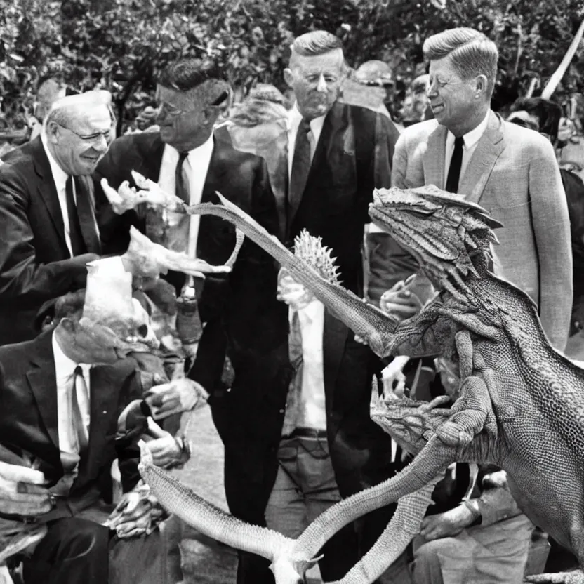 Prompt: president kennedy meeting with an argonian lizard warrior in skryim