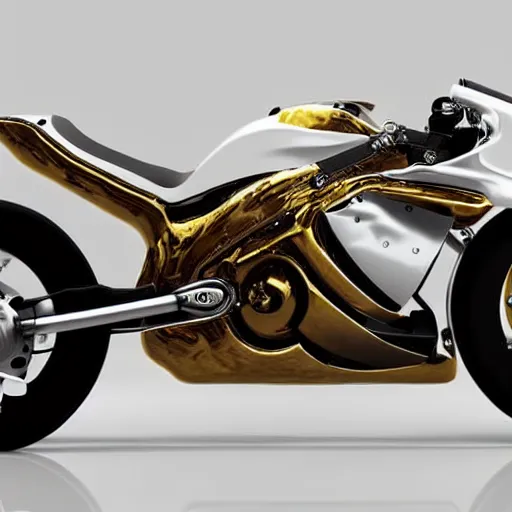 Image similar to a white and gold motorcycle on a white background, a computer rendering by hendrick cornelisz vroom, trending on cgsociety, kinetic art, steampunk, made of liquid metal, biomorphic