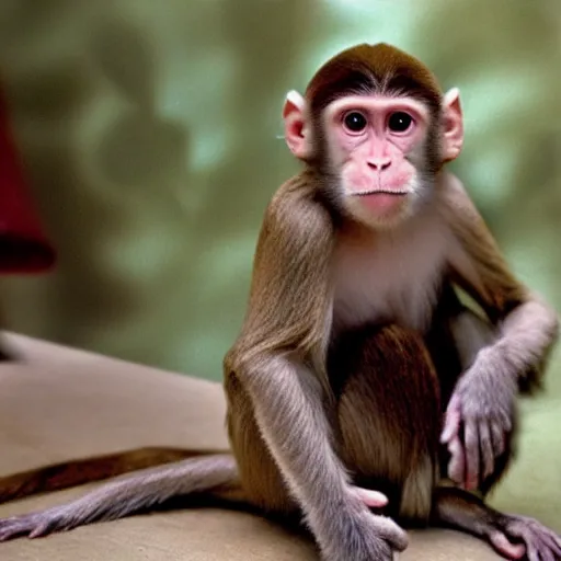 Image similar to Monkey wearing a silk scarf, still from a 90s movie