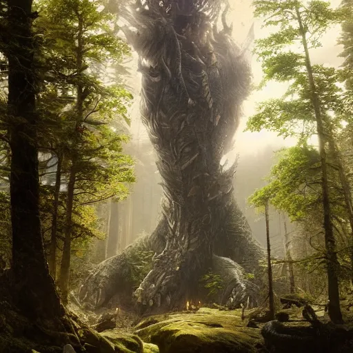 Image similar to a giant creature toweringover the forest, 8 k octane beautifully detailed render, post - processing, extremely hyper - detailed, intricate, epic composition, cinematic lighting, masterpiece, trending on artstation, masterpiece, stunning art by anders zorn, wonderful masterpiece by greg rutkowski, beautiful cinematic