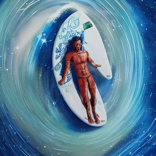 Image similar to surfer in space, intricate detail, airbrush painting, illustration,