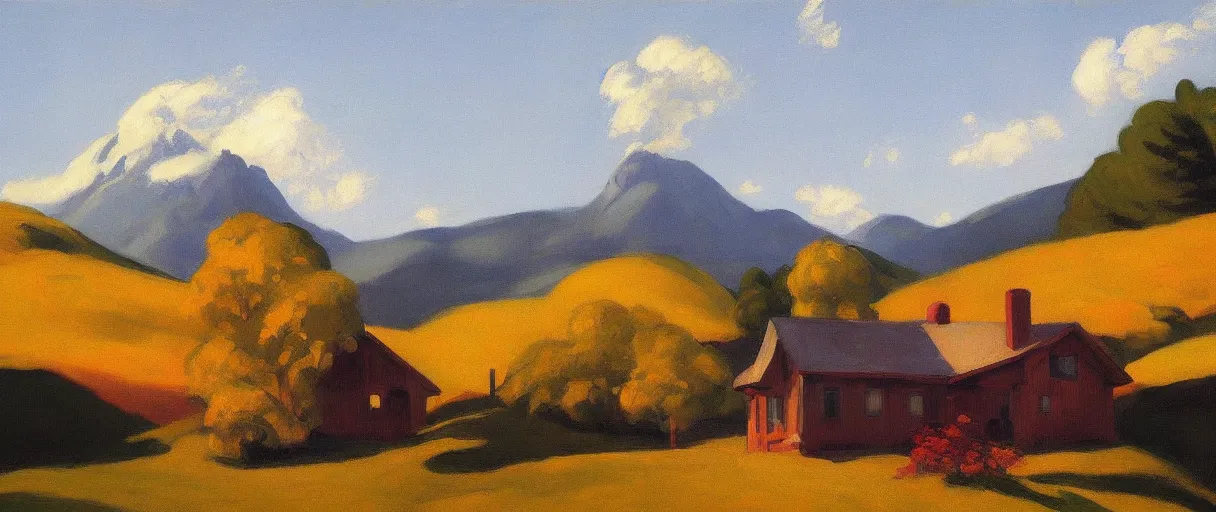 Image similar to an alpine landscape with a cottage with a smoky chimney, fall, by edward hopper, new artstation artist,