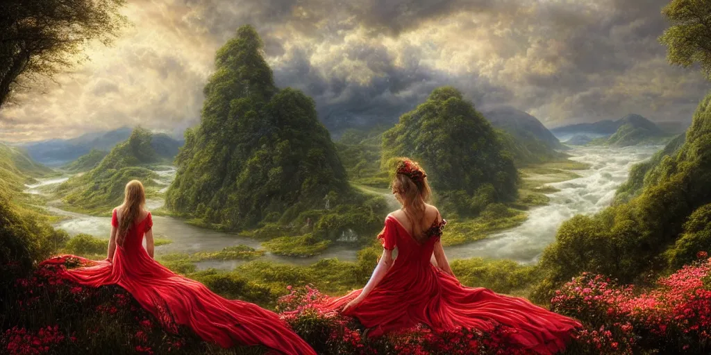 Image similar to an elegant fairy queen in a red lace dress sitting and looking out at a lord of the rings scenery landscape, vast lush valley flowers and giant mushroom structures, river, sunrise, god's rays highly detailed, vivid colour, soft clouds, floral sunset, cinematic lighting, perfect composition, 8 k, gustave dore, derek zabrocki, greg rutkowski, belsinski