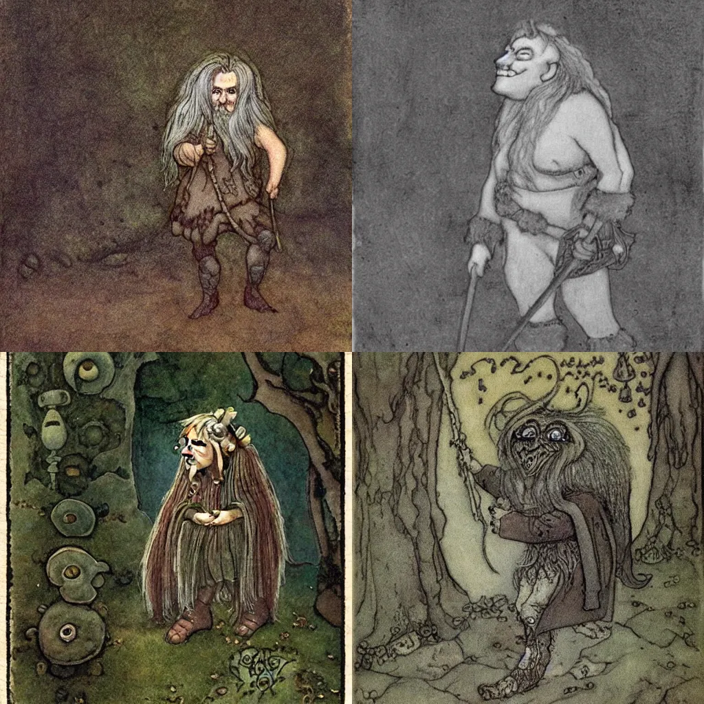 Prompt: wandering troll in the style of John Bauer