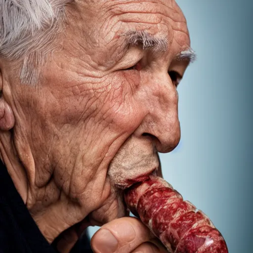 Image similar to Profile portrait of an elderly man with sausage growing from his ear, Canon EOS R3, f/1.4, ISO 200, 1/160s, 8K, RAW, unedited, symmetrical balance, in-frame