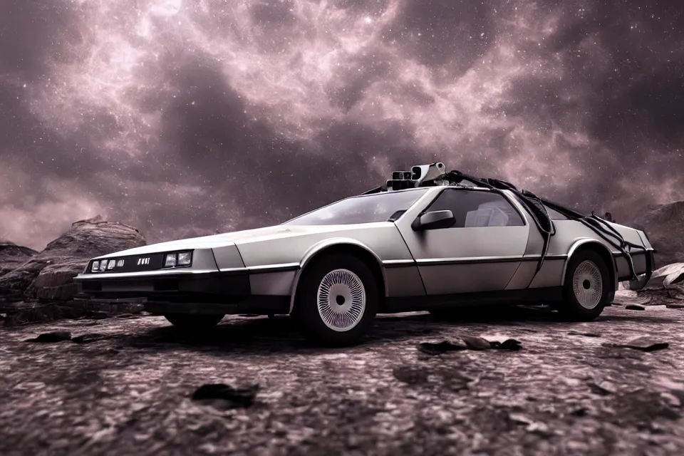 Image similar to ultra realistic delorean dmc 5 on remote ancient highway wreckage in space, dark cinematic, volumetric, realistic, 3 d render, realistic render, cinematic lighting, volumetric lighting, atmospheric, cinematic, unreal engine 5, unreal engine render, octane render, hd, photorealism, hyper realistic, 8 k