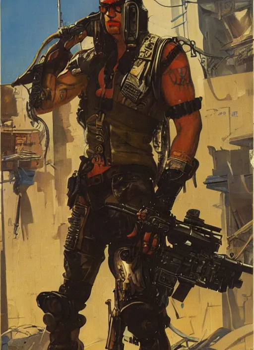 Prompt: cyberpunk mercenary. portrait by anton otto fischer and john philip falter and will eisner and gil elvgren