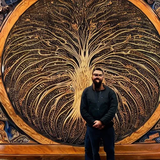 Image similar to a human man standing next to a cosmic tree, a sense of awe, amazement, monogon, plasma display, wooden, damascus, multiscopy, morph, in a symbolic and meaningful style, insanely detailed and intricate, hypermaximalist, elegant, ornate, hyper realistic, super detailed