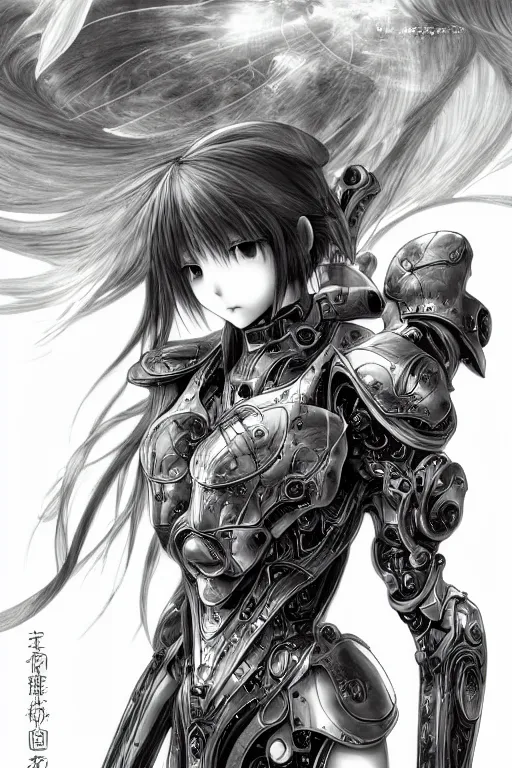 Image similar to a vertical portrait of a character in a scenic environment by Yoshitaka Amano, black and white, dreamy, cybernetic armor, wavy long black hair, highly detailed