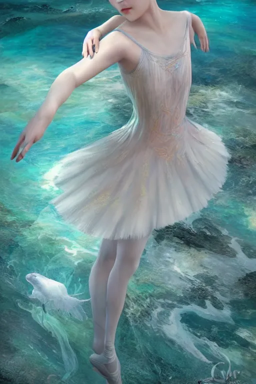 Image similar to stunningly beautiful, asian prima ballerina at the bottom of the great barrier reef, smooth, focus, highly detailed, hyper realistic, dramatic lighting, intricate, concept art, art by wlop, mars ravelo