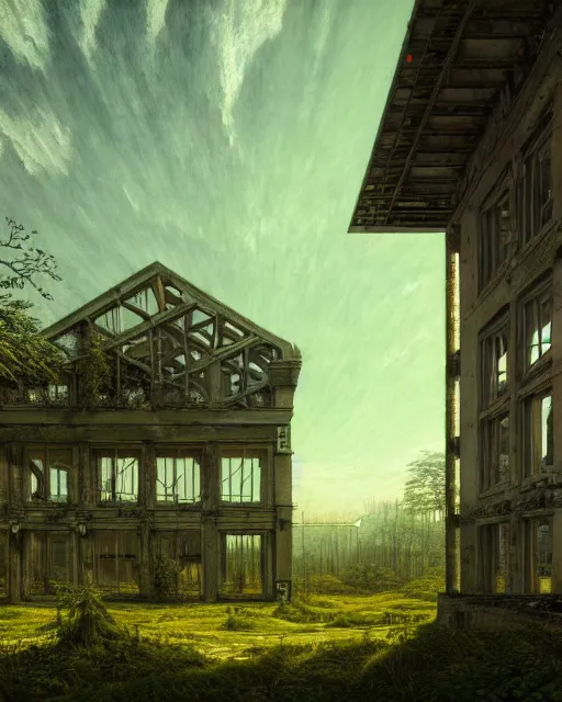 Image similar to a beautiful very detailed illustration of blockhouse industrial architecture building unfinished building nature abandoned architecture urbex by caspar david friedrich, sci - fi vaporwave uv light, archdaily, wallpaper, highly detailed, trending on artstation.