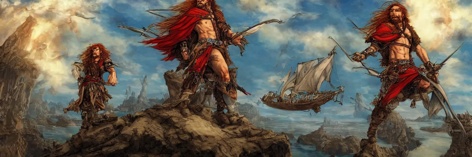 Prompt: colored pencils an epic fantasy comic book style painting of a long haired, red headed male sky - pirate in front of an airship, fine details, concept design, contrast, kim jung gi, pixar and da vinci, trending on artstation, 8 k, ultra wide angle