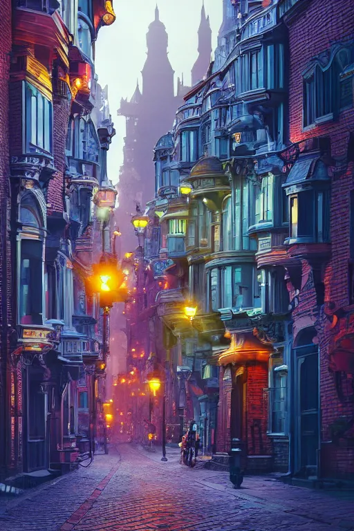 Prompt: a futuristic victorian city street, national geographic cover, award winning, 4 k, smooth, bright, light, colorful, victorian, futuristic,