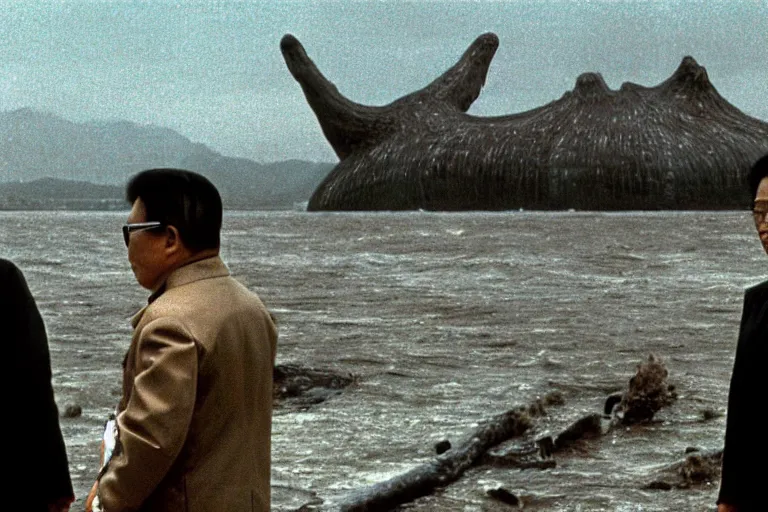 Image similar to a filmstill of Kim Jong-il looking at a giant starfish Kaiju monster destroying Pyongyang, in Stalker (1979) by Andreï Tarkovski, traditional Korean city, palace, epic ultrawide shot, cinémascope